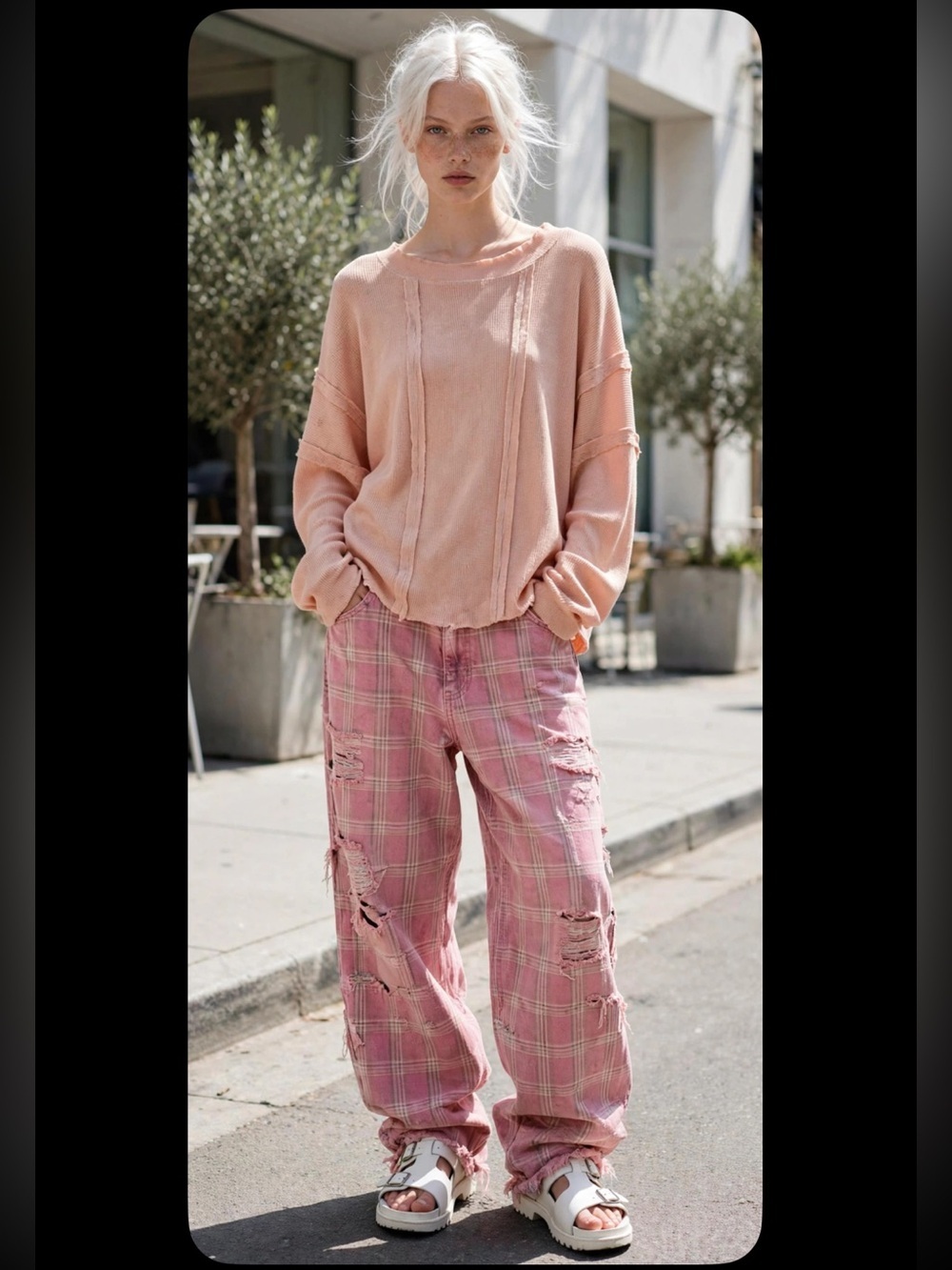 Free People peach waffle top